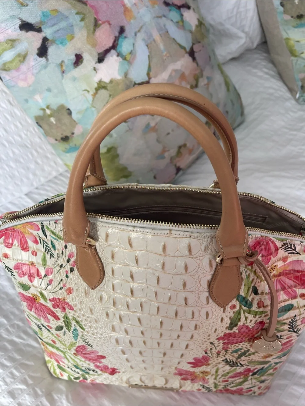 Brahmin Cream Floral Embossed Leather Tote with Tan Handles - Picture 7 of 8